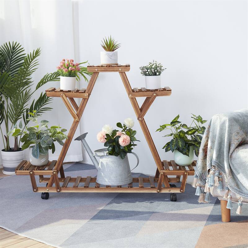 Movable Outdoor Ladder Plant Stand Garden Wood Rack with 6 Tiers