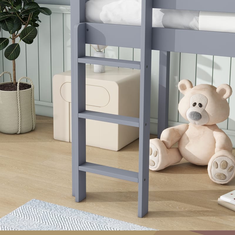 Twin Low Loft Bed Frame with Smooth Slide, Ladder, Safety Guardrails, Durable Rubber Wood Loft Bed with Underbed Storage