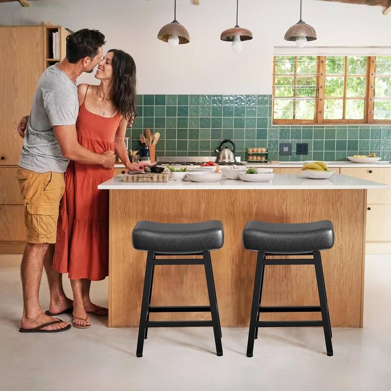 XINMICS 24 Inches Bar Stools, Saddle Kitchen Stools with PU Leather Cushion Counter Height Barstools for Kitchen Dining Cafe
