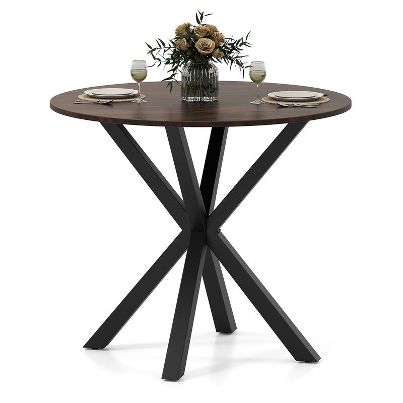 Gymax 36'' Round Farmhouse Dining Table for 4 w/Stable Intersecting - Brown