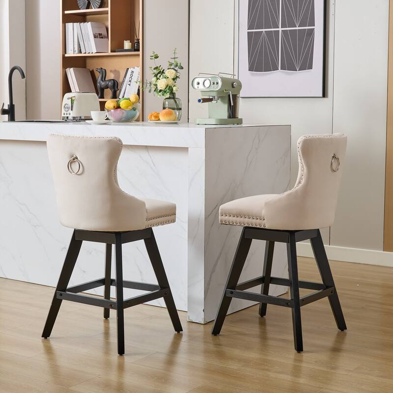Swivel Bar Stools Set of 2, Velvet Counter Height Barstools with Wooden Legs, Kitchen Island Chairs with Button Backrest