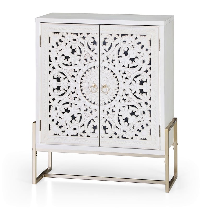 2-Door White Flower Hollow-Carved Metal Feet Cabinet