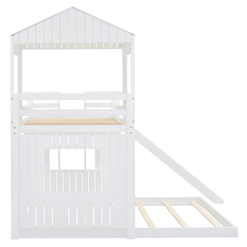 Playhouse Twin Over Full Bunk Bed with Windows and Slide, Solid Pine Wood Frame