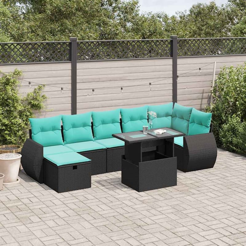 vidaXL Patio Sofa Set with Cushions Sectional Couches 8 Piece Poly Rattan - 24.4" x 24.4" x 27.2" - Black without storage