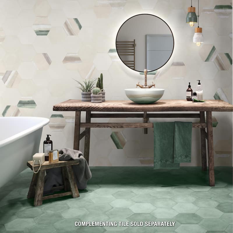 Merola Tile Matter Hex Canvas Bone Green 7-7/8" x 9" Porcelain Floor and Wall Tile - Case (10 Tiles)