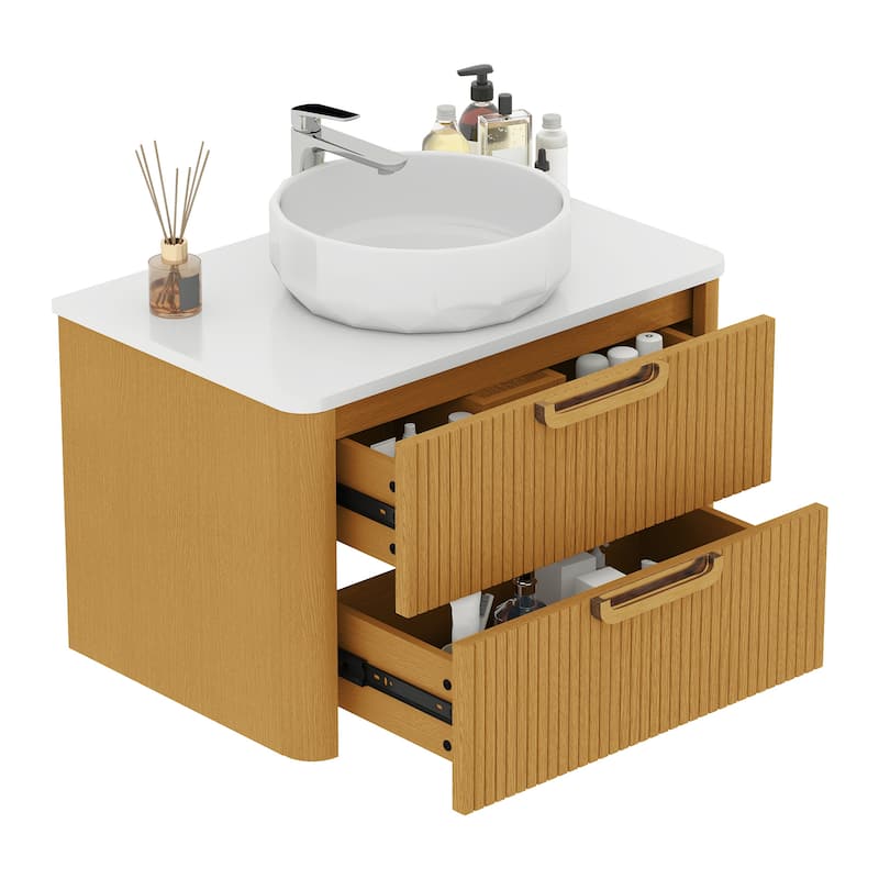Moasis 30 Inch Floating Bathroom Vanity with Sink, Wall-Mounted Vanity with Engineered White Stone Top
