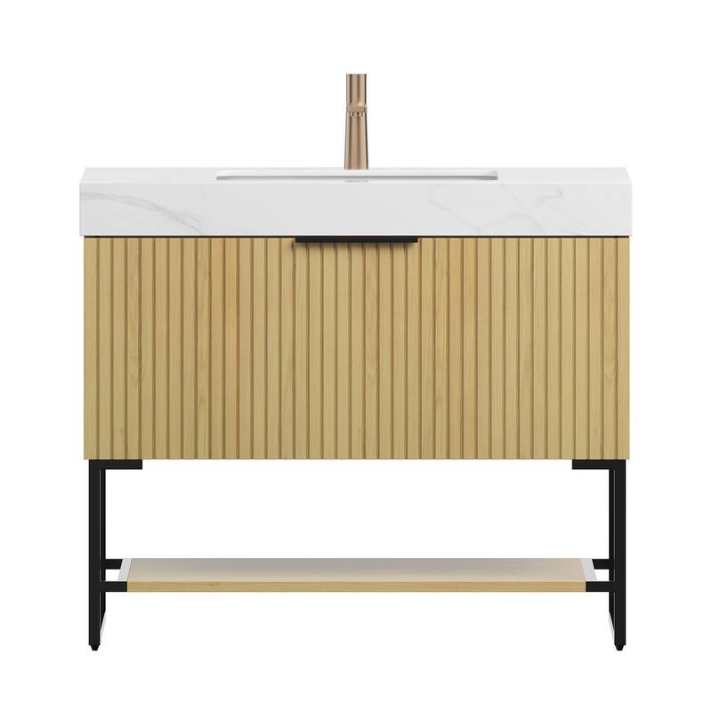 GDFStudio - Yolan 36" Freestanding Bathroom Vanity with Drawer & Open Shelf, Corolla Oak Finish & Ceramic Basin