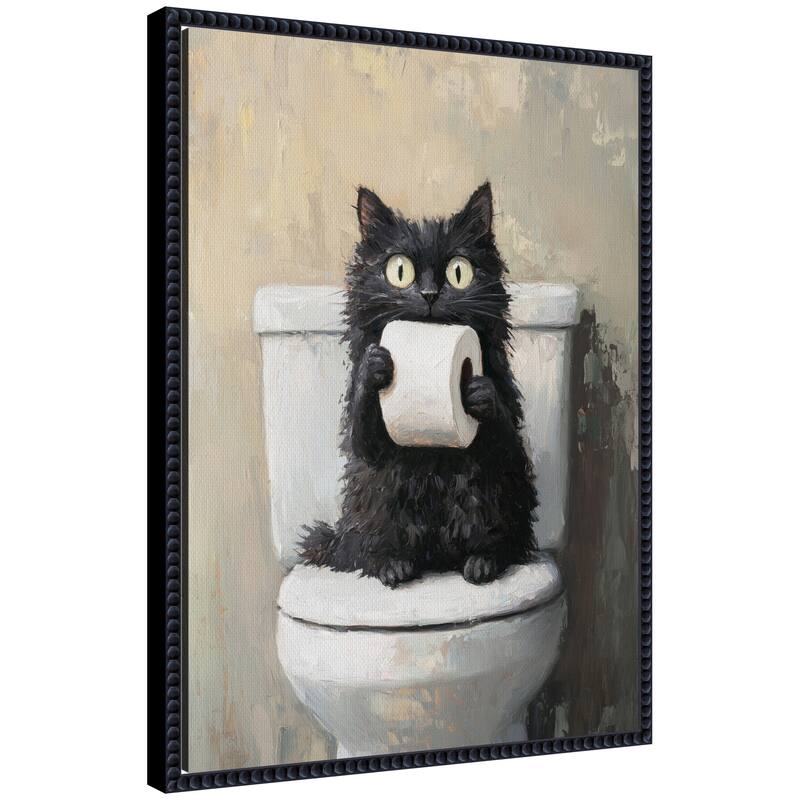 Kate and Laurel Sylvie Funny Black Cat Toilet Paper Roll Toilet Bathroom Art Framed Canvas by The Creative Bunch Studio - 18x24 - Black