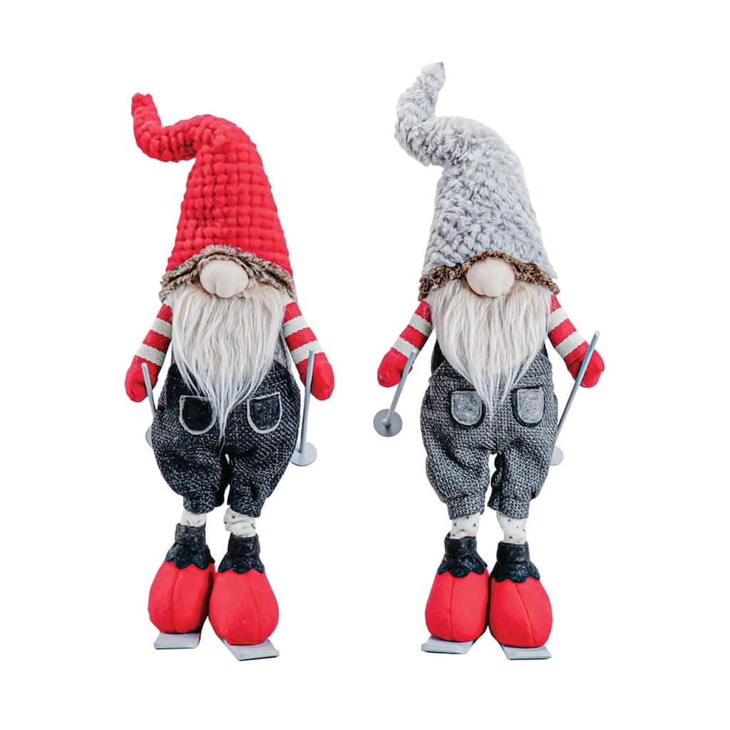 2 Red & Blue Denim Skiing Gnomes Wearing Hats Christmas Figure 24"