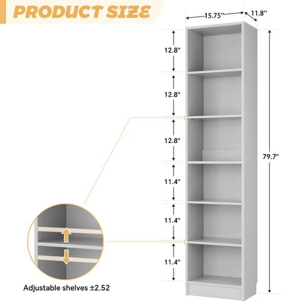 dimension image slide 4 of 6, 80" Tall 6-Tier Bookcase With 2 Adjustable Shelves, Modern Open Storage Shelf for Home Office and Bedroom