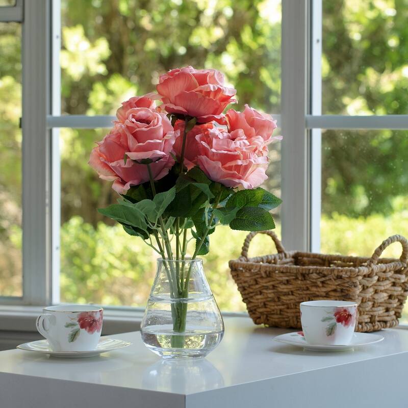 Enova Home 7 Head Artificial Silk Rose Flowers in Clear Glass Vase with Faux Water for Home Office Decoration - N/A