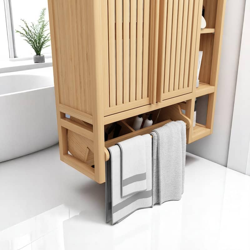 Bamboo Wall Cabinet for Bathroom Storage, Hanging Toilet Shelf with Space for Towels, Toilet Paper & More