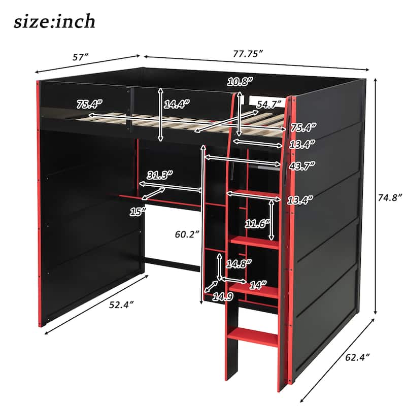 Full-Size Modern Gaming Wooden Loft Bed with RGB Lighting, Desk & Open Storage by Harper&Bright Designs