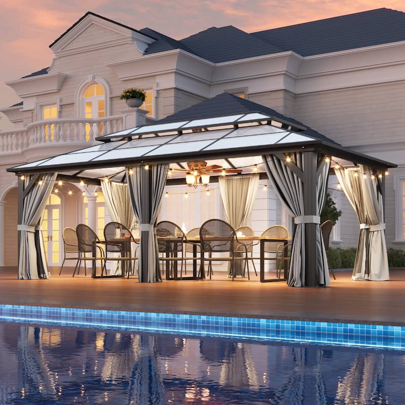 Hardtop Gazebo, Aluminum Frame Permanent Pavilion with Curtains and Netting