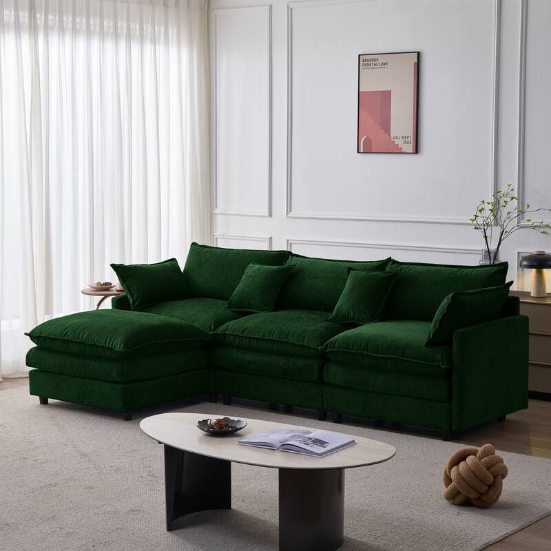 105" Modular Sectional Sofa with Ottoman, Upholstered Chenille Fabric 3-Seater
