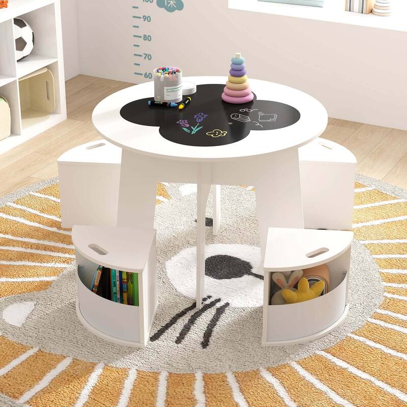 5 Pieces Kids Table and Chairs Children Round Table w/ Storage Stools