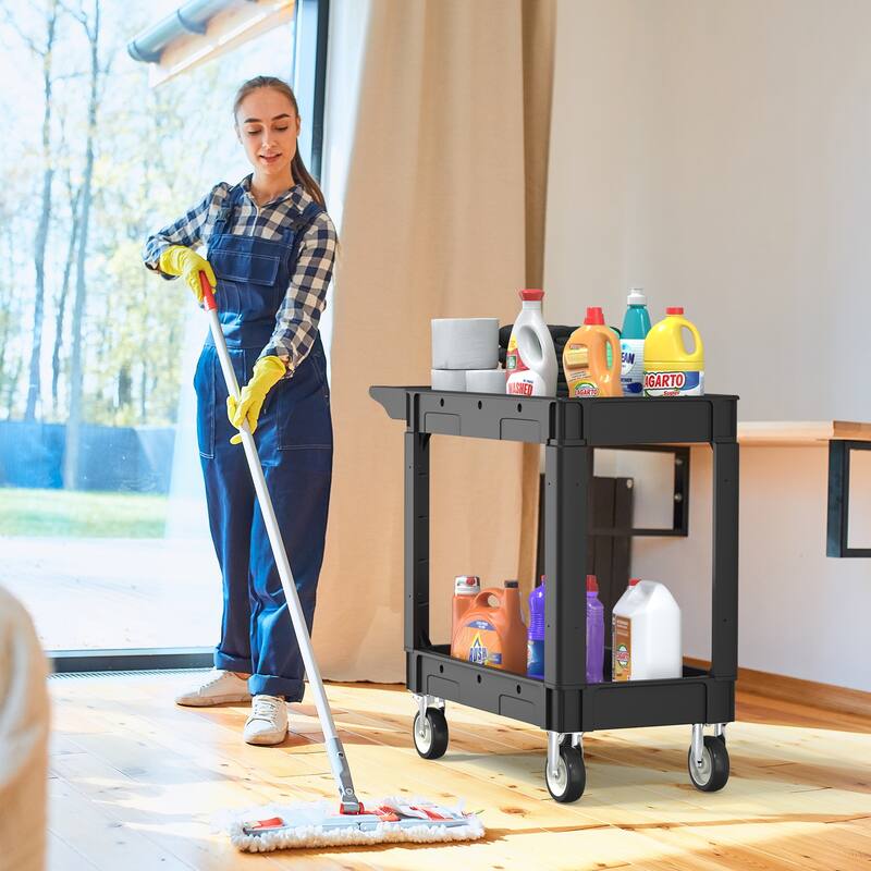 Heavy Duty Plastic Utility Cart 2 Tier Locking Rolling Cart