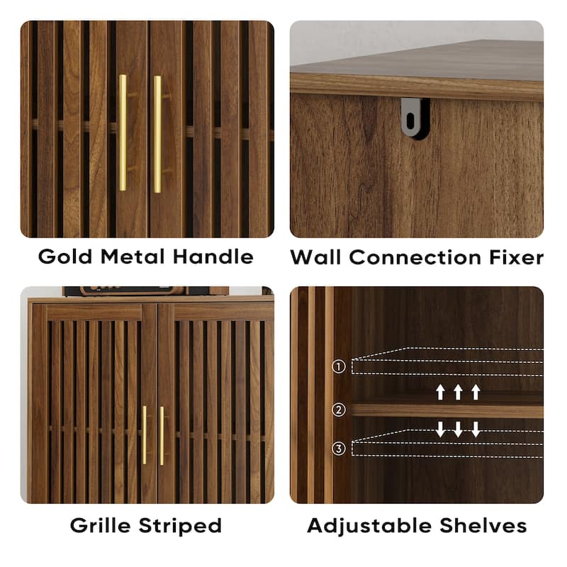 Farmhouse Sideboard Buffet Cabinet with Storage, Walnut Coffee Bar Cabinet with Louvered Doors & Adjustable Shelves