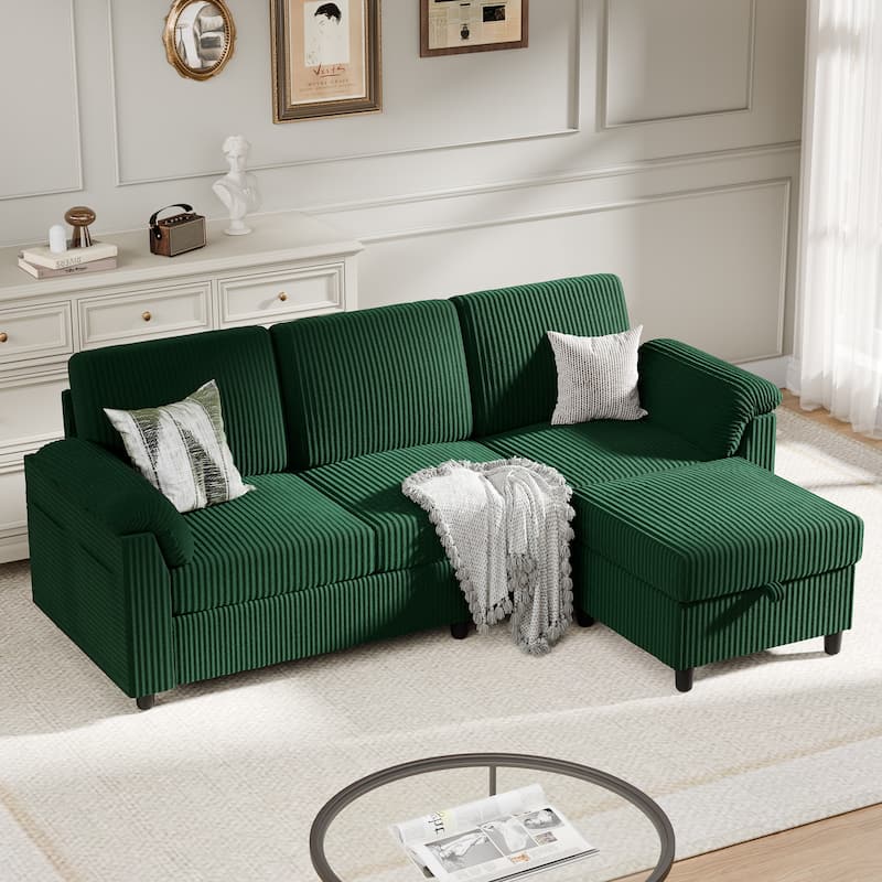 Corduroy Sectional Sofa Couch with Storage - Green