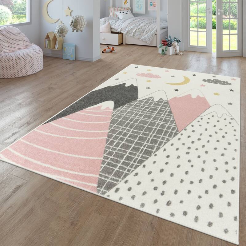 Kids Rug with Pastel Mountains dreamy Stars and Moon for Nursery