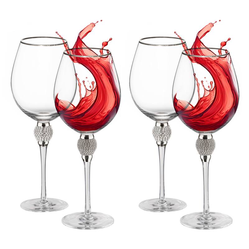 Rimmed Red Wine Glasses with Diamond Rhinestone Accent - 18 oz, 10 Inches Tall - Perfect Toasting Glasses for Bride and Groom - Set of 4 - Silver