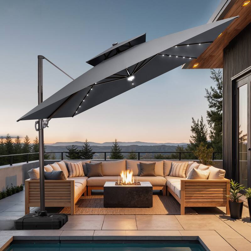 11 FT Square Outdoor Patio Cantilever Umbrella with Solar Lights Wheeled Base Double Canopy 360 Rotation Tilt - DarkGrey