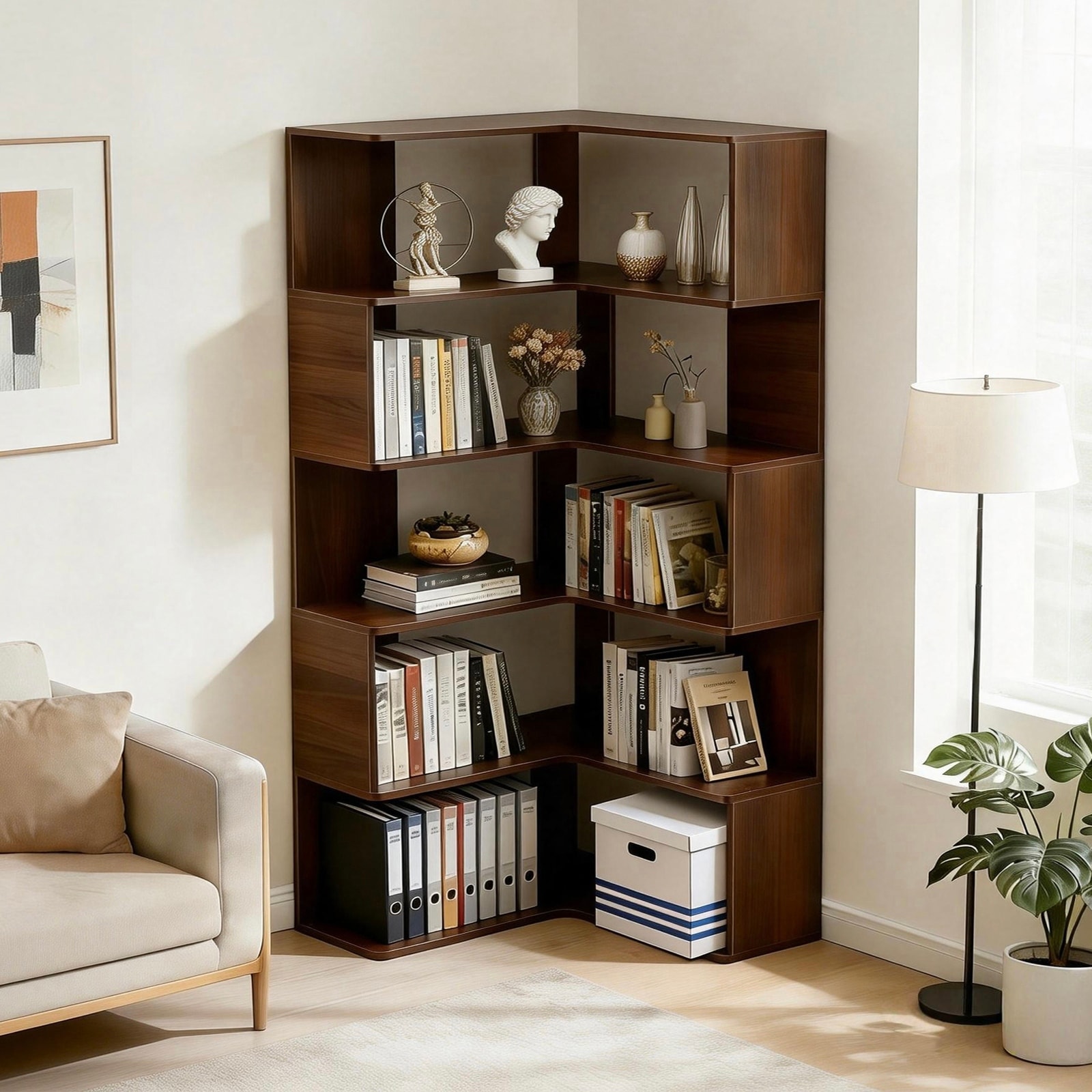 6 Tier Corner Bookshelf, 66"Tall L Shaped Bookshelf with Baffle, Freestanding Display Corner Shelf, with Open Shelf Units