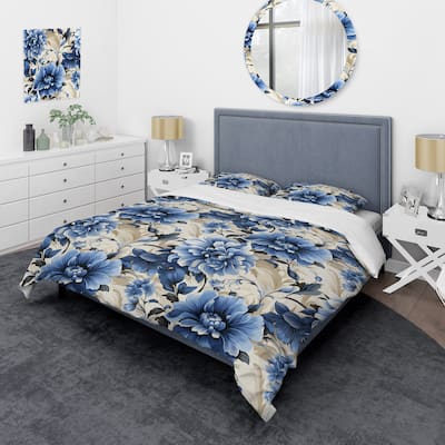 Designart "Cobalt Blue Filigree Victorian Pattern IV" White Cottage Bedding Cover Set With 2 Shams