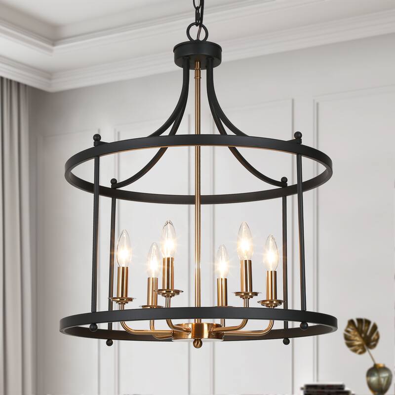Modern 6-Light Drum Chandelier Black Gold Lantern Pendant for Kitchen Island Foyer - 21.5'' D x 27'' H