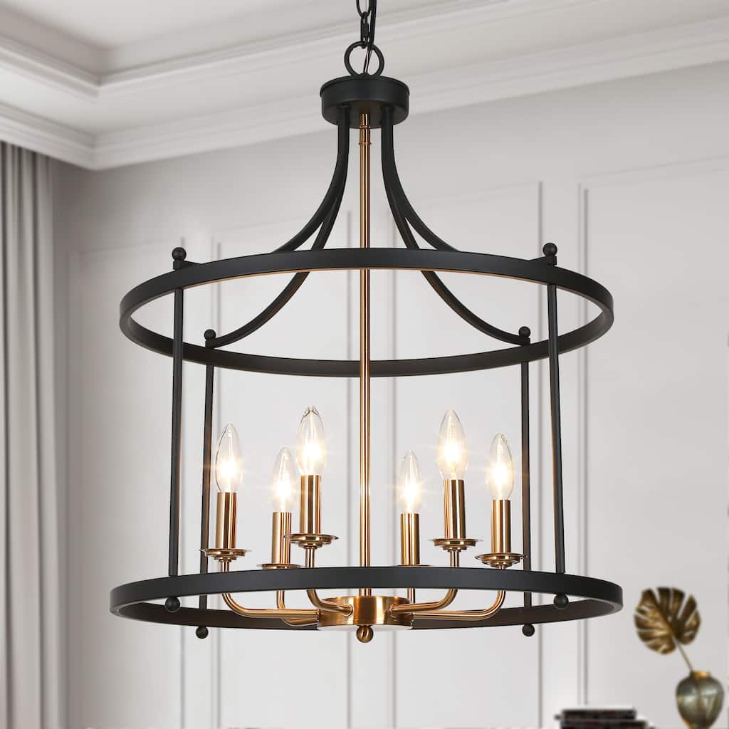 Modern 6-Light Drum Chandelier Black Gold Lantern Pendant for Kitchen Island Foyer - 21.5'' D x 27'' H