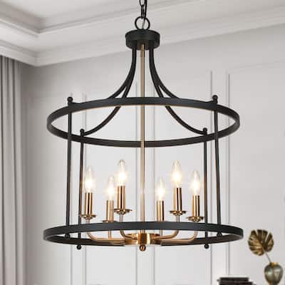 Mid-Century Modern 6-Light Drum Chandelier Black Gold Lantern Pendant for Dining Room Foyer - 21.5'' D x 27'' H