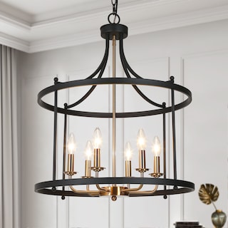 Mid-Century Modern 6-Light Drum Chandelier Black Gold Lantern Pendant for Dining Room Foyer - 21.5'' D x 27'' H
