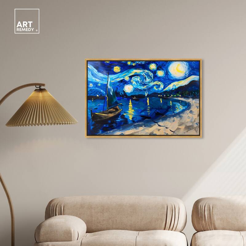Art Remedy Whimsical Night Sail Framed Impressionism 1 Piece Canvas Wall Art /Monet And Van Gogh Inspired Art