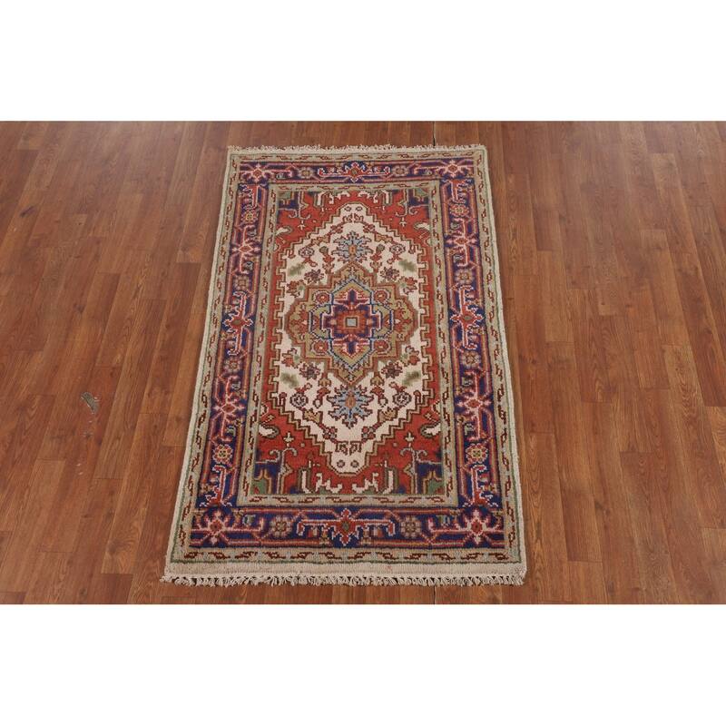Ivory Geometric Heriz Serapi Indian Foyer Rug Hand-Knotted Wool Carpet - 3'0"x 4'11"