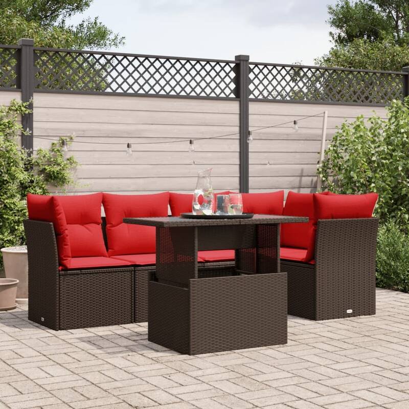 vidaXL 6 Piece Patio Sofa Set with Cushions Black/Brown/Gray Poly Rattan - Brown without storage
