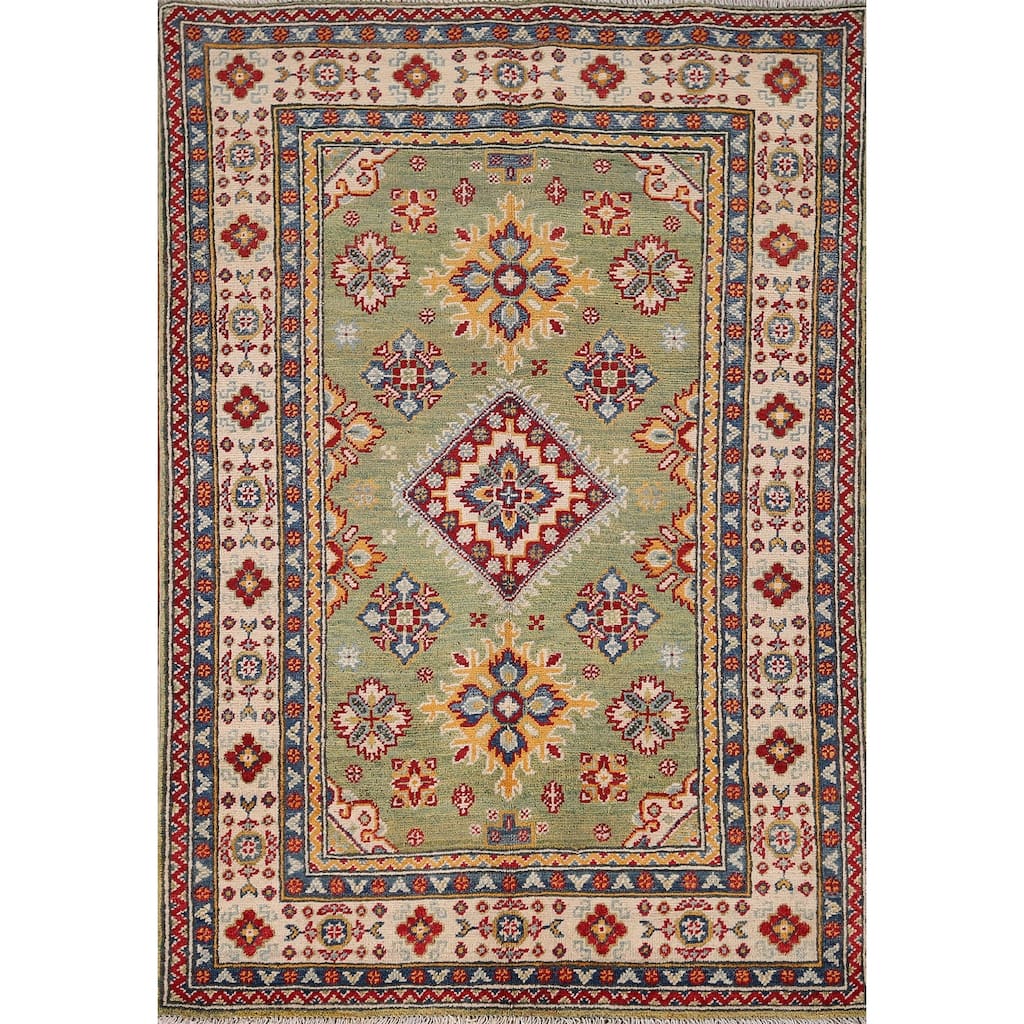 Light Green Kazak Accent Rug Handmade Wool Carpet - 3'4" x 4'9"