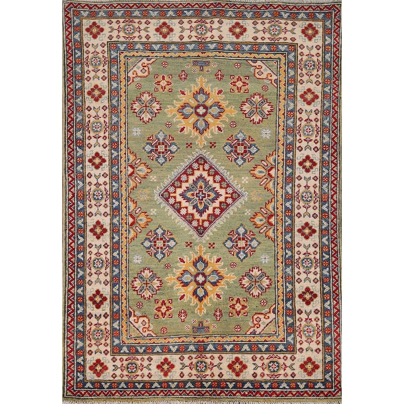Light Green Kazak Accent Rug Handmade Wool Carpet - 3'4" x 4'9"