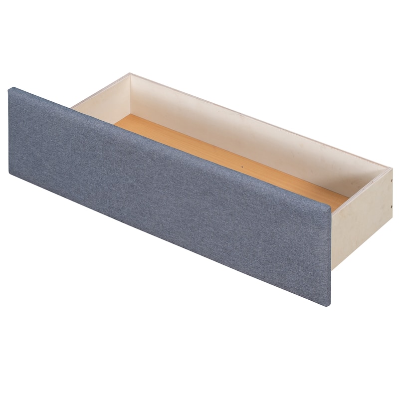 L-Shape Double Twin Linen Platform Bed with Trundle, Drawers & Desk