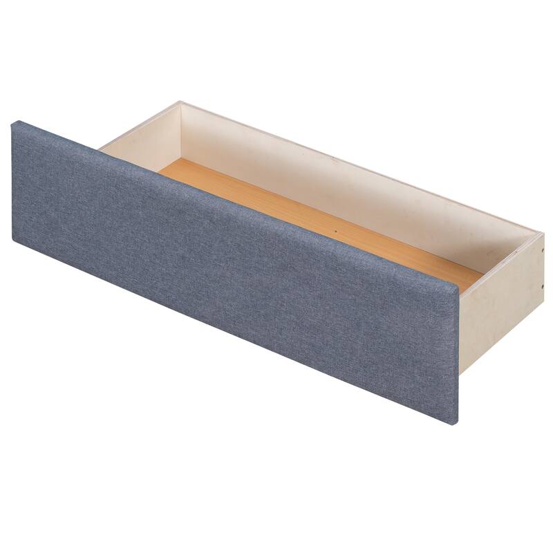 Roomfitters L-Shaped Upholstered Platform Bed with Trundle, Desk and Underbed Compartments, Gray