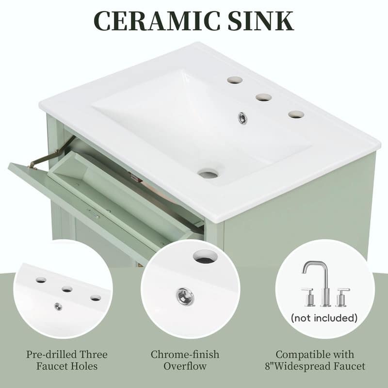 24" Bathroom Vanity with Sink, Freestanding Vanity Cabinet with Flip-Out Drawer, 3 Drawers, Ceramic Top