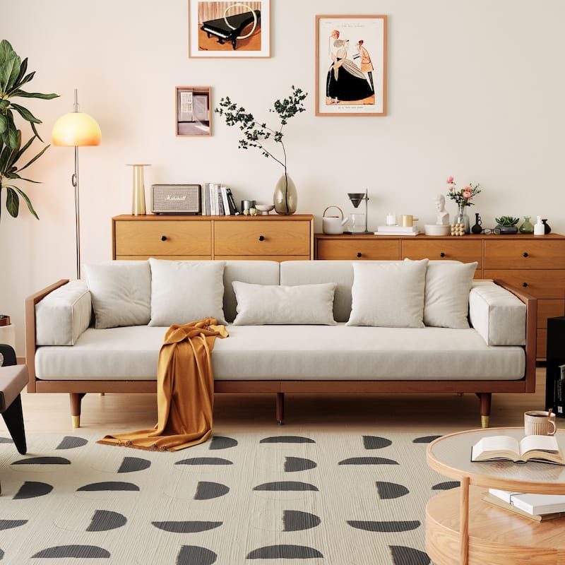 JASIWAY Modern 3-Seat Upholstered Cotton Linen Sofa,Beige