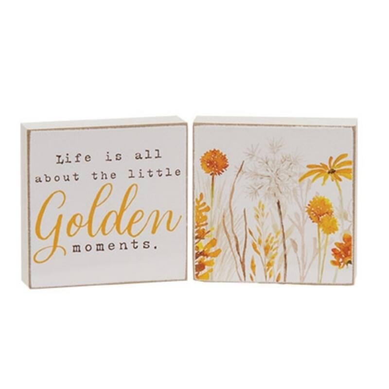Rustic White Wooden Fall Decor Blocks Set of 2 with Golden Wildflowers and Inspirational Quote - 2" H x 2" W x .5" D