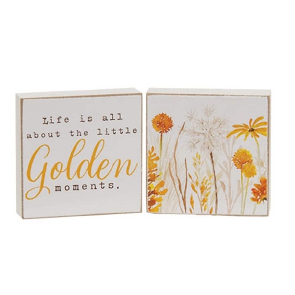 Rustic White Wooden Fall Decor Blocks Set of 2 with Golden Wildflowers and Inspirational Quote - 2" H x 2" W x .5" D