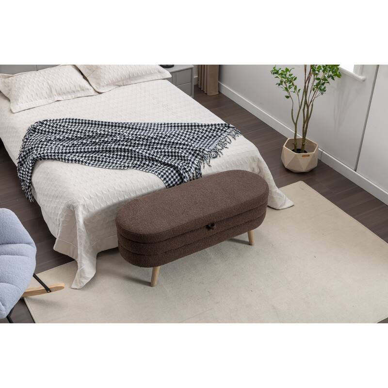 Bedroom Storage Bench, Velvet Oval Upholstered End of Bed Bench with Wood Legs, Modern Storage Ottoman Bench for Entryway
