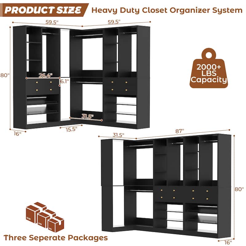 Set of 2/ 3 Coner Closet System with Shoe Racks and Drawers, Freestanding Closet Organizer with Hanging Rods and Shelves