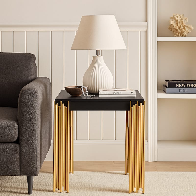Theo Side End Table, Retro Gold Metal Legs, Black Wood, Square 25 Inch