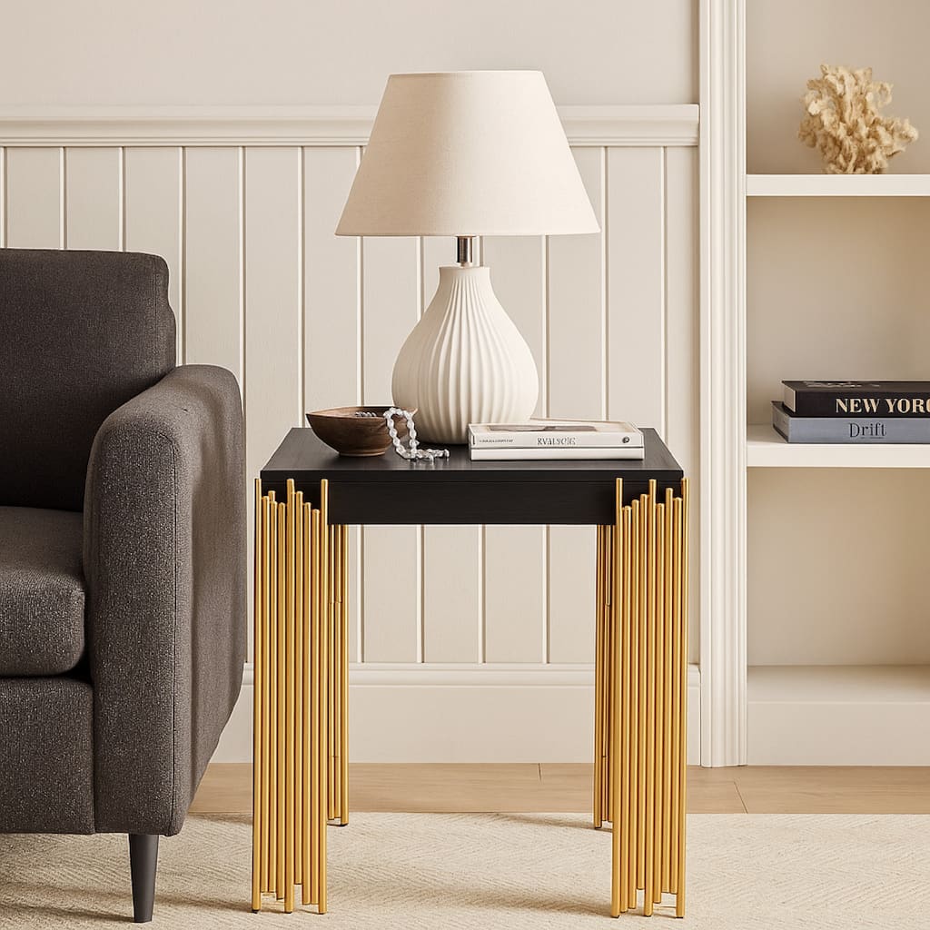 Theo Side End Table, Retro Gold Metal Legs, Black Wood, Square 25 Inch