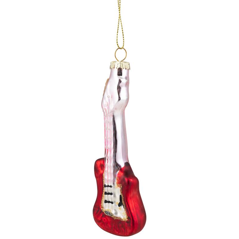 Glittered Bass Guitar Glass Christmas Ornament - 5.25" - Red and Gold