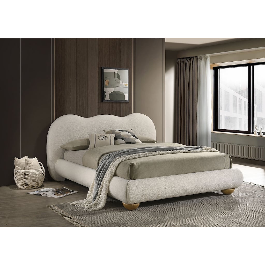 Contemporary Camel Shape Headboard White Boucle Fabric Upholstered 1pc Bed