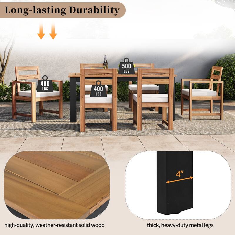 7 Piece Acacia Wood Outdoor Dining Set, All Weather Patio Furniture Set with Umbrella Hole, 2 Armchairs and 4 Side Chairs